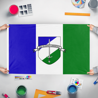 A mockup of the custom flag 'Northwest American Republic 2 flag' held up on a table during print checking