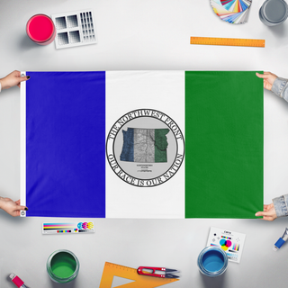 A mockup of the custom flag 'Northwest American Republic 4 flag' held up on a table during print checking