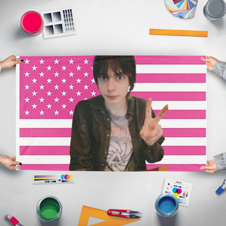 A mockup of the custom flag 'erynsucks flag' held up on a table during print checking