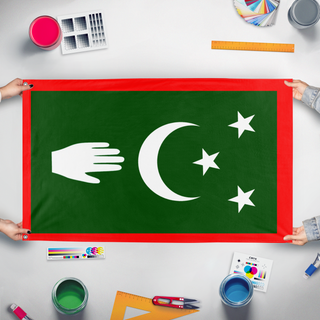 A mockup of the custom flag 'bukatia flag' held up on a table during print checking