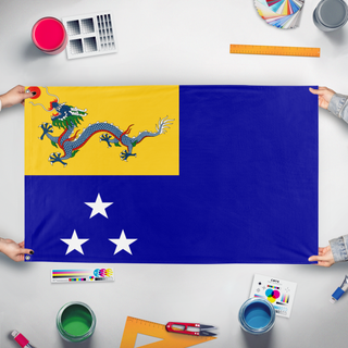 A mockup of the custom flag 'qing navy flag' held up on a table during print checking