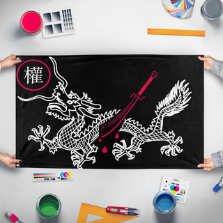 A mockup of the custom flag 'anarchist china flag' held up on a table during print checking