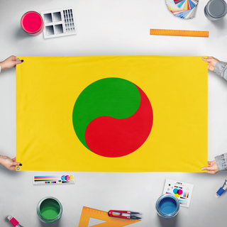 A mockup of the custom flag 'china flag' held up on a table during print checking