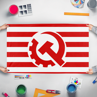 A mockup of the custom flag 'rual army' held up on a table during print checking