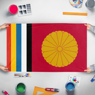 A mockup of the custom flag 'chuko kaserredux flag' held up on a table during print checking