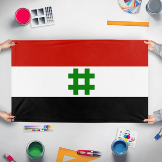 A mockup of the custom flag 'kaiserriech chiba flag' held up on a table during print checking