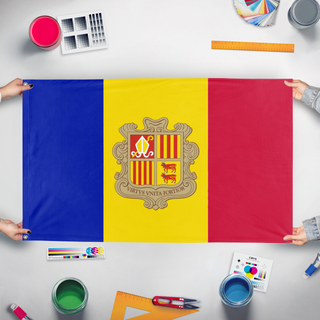 A mockup of the custom flag 'Test 15 flag' held up on a table during print checking