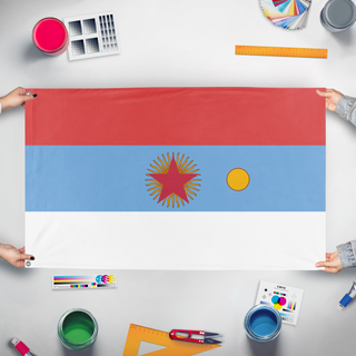 A mockup of the custom flag 'test3 flag' held up on a table during print checking