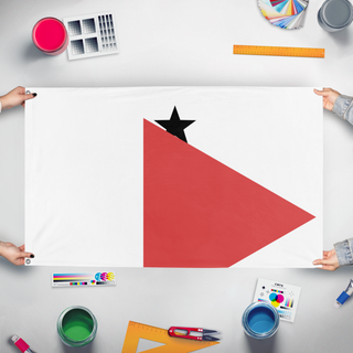 A mockup of the custom flag 'test 7 flag' held up on a table during print checking