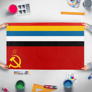 A mockup of the custom flag 'chinese soviet railway company flag' held up on a table during print checking
