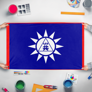 A mockup of the custom flag 'traid china' held up on a table during print checking