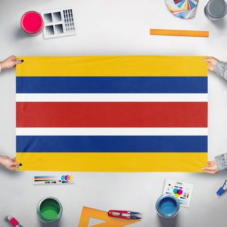 A mockup of the custom flag 'menjing flag' held up on a table during print checking