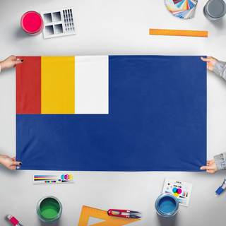 A mockup of the custom flag 'mongolian military goverment flag' held up on a table during print checking