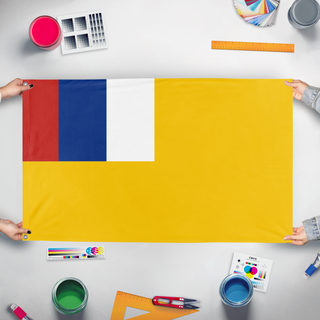 A mockup of the custom flag 'south chara auomuns goverment  flag' held up on a table during print checking