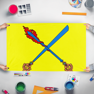 A mockup of the custom flag 'tibetian flag' held up on a table during print checking