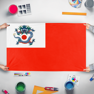 A mockup of the custom flag 'another warlord flag' held up on a table during print checking