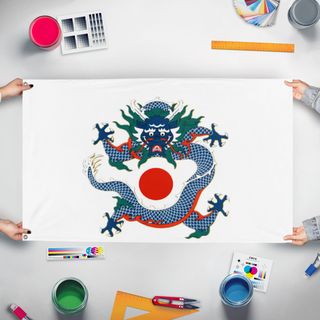 A mockup of the custom flag 'another warlorf flag' held up on a table during print checking