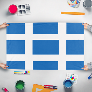 A mockup of the custom flag 'another warlord china flag' held up on a table during print checking