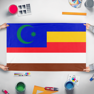 A mockup of the custom flag 'idk why china warlords had this flag' held up on a table during print checking