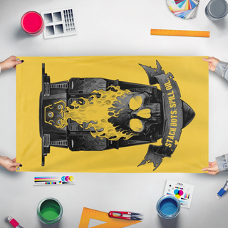 A mockup of the custom flag 'Bots flag' held up on a table during print checking