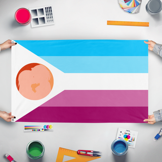 A mockup of the custom flag 'TGK flag' held up on a table during print checking