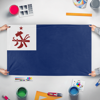 A mockup of the custom flag 'People's Commonwealths of America flag' held up on a table during print checking