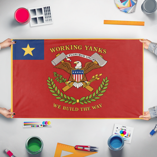 A mockup of the custom flag 'working union flag' held up on a table during print checking