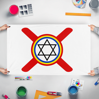 A mockup of the custom flag 'kingdom of the congo' held up on a table during print checking