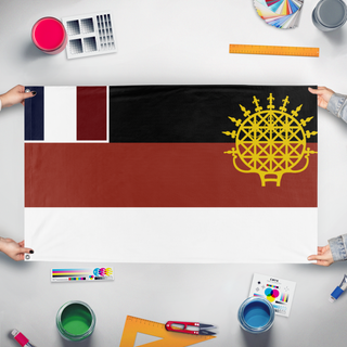 A mockup of the custom flag 'anataolian occpution zone' held up on a table during print checking