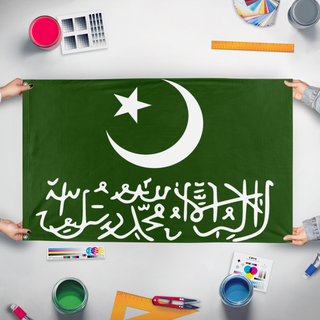 A mockup of the custom flag 'sinawa islamic republic' held up on a table during print checking