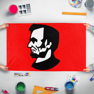 A mockup of the custom flag 'army of perpitaul resistance' held up on a table during print checking