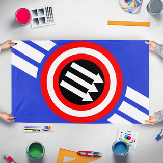 A mockup of the custom flag 'iron front' held up on a table during print checking