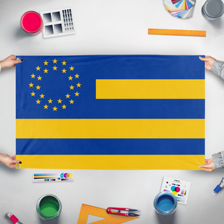 A mockup of the custom flag 'European Union in the Style of America flag' held up on a table during print checking