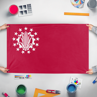 A mockup of the custom flag 'Communist United States flag' held up on a table during print checking