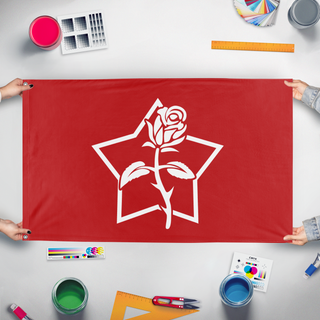 A mockup of the custom flag 'Communist Italy flag' held up on a table during print checking