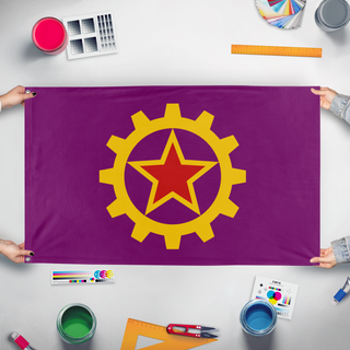 A mockup of the custom flag 'Communist Spain flag' held up on a table during print checking