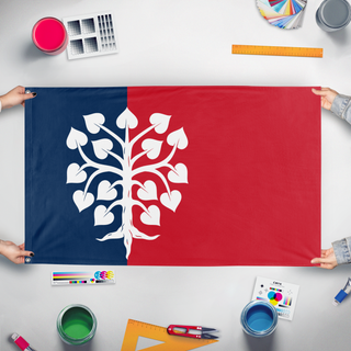 A mockup of the custom flag 'Socialist France flag' held up on a table during print checking