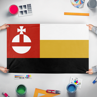 A mockup of the custom flag 'soviet russian empire flag' held up on a table during print checking