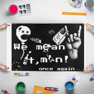 A mockup of the custom flag 'B flag' held up on a table during print checking