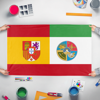 A mockup of the custom flag 'Spanish-Persian Union flag' held up on a table during print checking