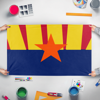A mockup of the custom flag 'Arazona flag' held up on a table during print checking