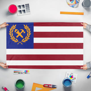 A mockup of the custom flag 'Some country republic flag' held up on a table during print checking