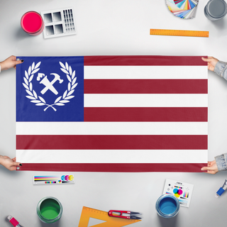 A mockup of the custom flag 'Republic flag' held up on a table during print checking