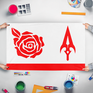 A mockup of the custom flag 'Scarlatia flag' held up on a table during print checking