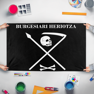A mockup of the custom flag 'bas flag' held up on a table during print checking