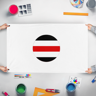 A mockup of the custom flag 'another kaiserredux flag' held up on a table during print checking