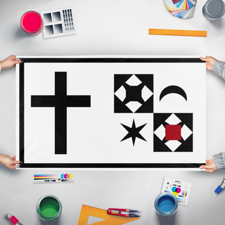 A mockup of the custom flag '4 flag' held up on a table during print checking