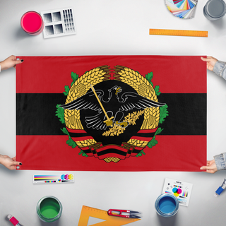 A mockup of the custom flag '8 flag' held up on a table during print checking