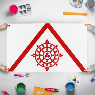 A mockup of the custom flag '9 flag' held up on a table during print checking