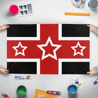 A mockup of the custom flag 'Flag of Ponuea' held up on a table during print checking